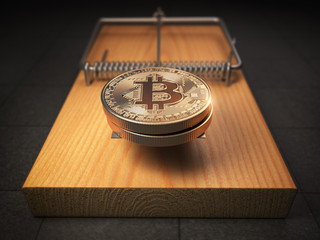 Poster - Bitcoin BTC coins in the mousetrap. Financial invetsment risk concept.