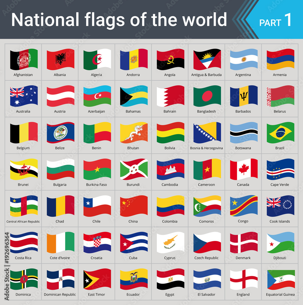 Waving flags of the world part 1. Collection of flags - full set of national flags isolated on gray background. - obrazy, fototapety, plakaty 