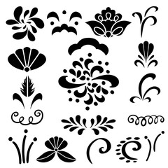  Set hand drawn black silhouettes flowers, leaves, waves