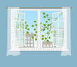 Open window with curtains on a blue background. Outside the window there are branches of a tree with leaves and silhouettes of buildings. Vector illustration