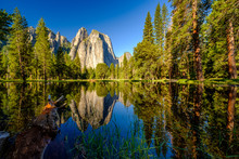 Middle Cathedral Rock Reflecting In Merced River At Yosemite