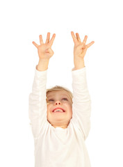 Sticker - Adorable baby with blond long hair raising the hands