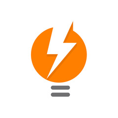 Aufkleber - Orange lamp abstract logo, lighbulb with white silhouette of lightning, electrical energy, creative idea or a new thought vector symbol on white background.
