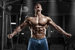 © nikolas_jkd - Sexy muscular man in gym, shaped abdominal. Strong male naked torso abs, working out