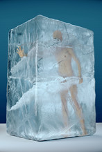 3d Render Of Human Frozen In Big Ice Block With Cracks And Facets. Cryogenics Extreme Temperatures Disaster Storage Conept Illustration