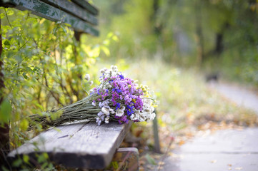 Bunch of wild flowers left on a wooden bench