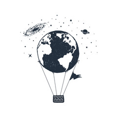 Hand drawn travel badge with Earth as a hot air balloon textured vector illustration.