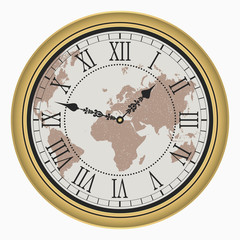 Vintage clock with World map. Antique golden wall clock-face dial with Roman numeral. Vector illustration.