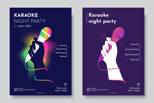 Karaoke Party Invitation Flyer Template. Silhouette Of Hand With Microphone On An Abstract Dark Background. Concept For A Night Club Advertising Company. Creative Invite Poster. Vector Eps 10