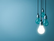 One hanging light bulb glowing with unlit incandescent bulbs on dark green pastel color background. 3D rendering.