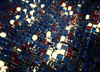 Poster - 3d render abstract background.  A stack of cubes with different materials. Grid structure made of square geometry form. Digital Concept. 3D cube`s grid.