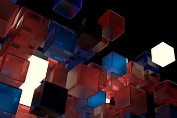 Fototapete - 3d render abstract background.  A stack of cubes with different materials. Grid structure made of square geometry form. Digital Concept. 3D cube`s grid.