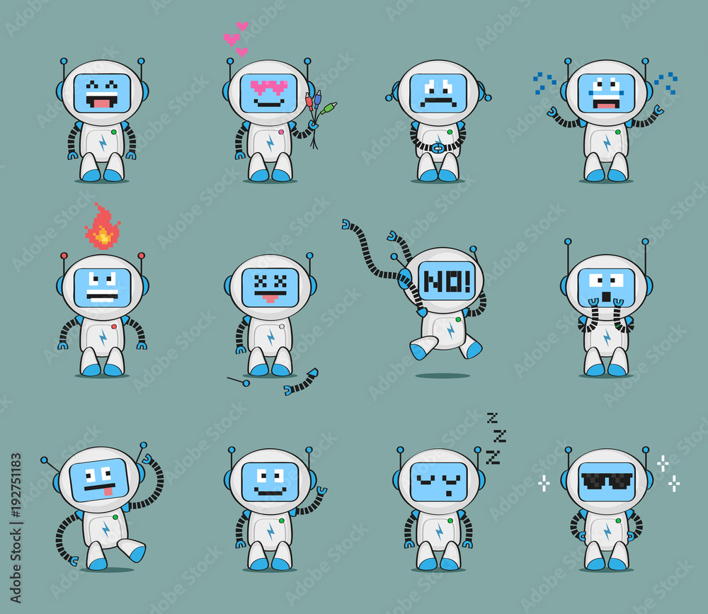 Set of cute robot character in different poses and with various ...