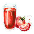 Glass of tomato Juice. Watercolor hand drawn illustration, isolated on white background