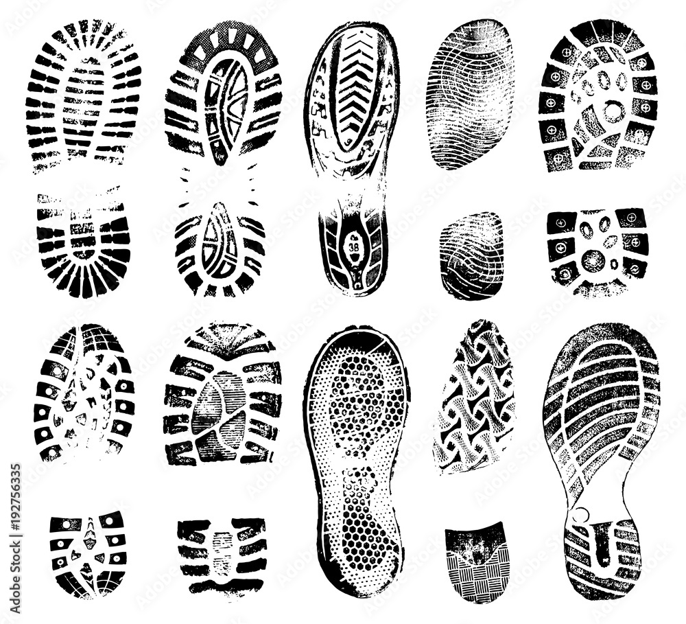 Footprints human shoes silhouette, vector set, traces of boot - obrazy, fototapety, plakaty 