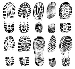 footprints human shoes silhouette, vector set, traces of boot
