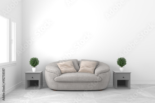 Beautiful White Empty Room Living Room Interior Design With Sofa And Plants And Windows On Empty White Wall Background Scandinavian Style Empty Room 3d Rendering Buy This Stock