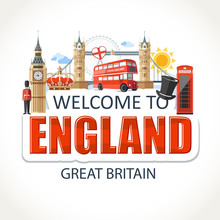 England Lettering Sights Symbols Culture Landmark Illustration