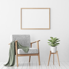 Aufkleber - Living room interior with gray velvet sofa, pillows, green plaid, lamp and fiddle leaf tree in wicker basket on white wall background. 3D rendering.