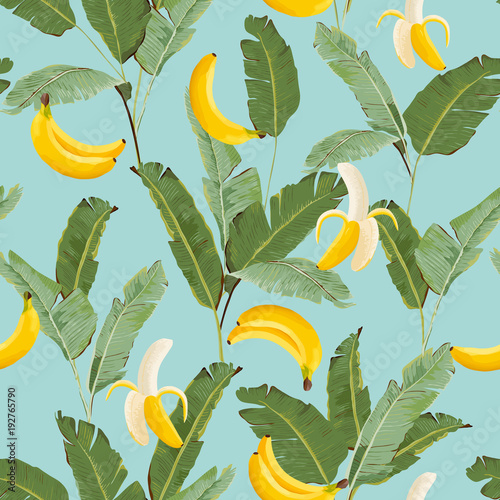 Stoffe zum Nähen Tropical Seamless Pattern with Bananas and Palm Leaves. Summer Floral Background for Wallpaper, Fabric, Wrapping Paper. Vector illustration