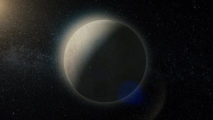 Poster - Planet in space. Solar system and space objects. Abstract scientific background - glowing planet in space, nebula and stars. Earth and galaxy on background.