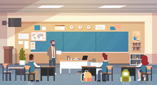 Male Teacher And Pupils In Classroom On Lesson Teaching School Class Flat Vector Illustration