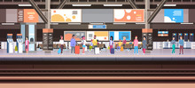 Train Station With People Waiting On Platform Holding Baggage Transport And Transportation Concept Horizontal Banner Vector Illustration