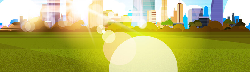 Wall Mural - Beautiful Sunshine Over City View, Sunlight Skyscrapers Buildings Cityscape Concept Flat Vector Illustration