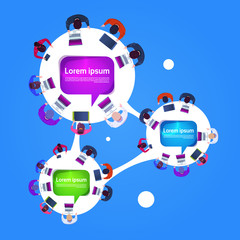 Poster - Business People Team Working On Laptop Computers Top Angle View Corporate Networking Connection Concept Flat Vector Illustration