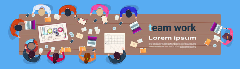 Poster - Creative Team Working Sit At Desk In Modern Office Top Angle View Business People Group Brainstorming Horizontal Banner Flat Vector Illustration