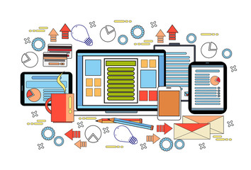 Poster - Workplace Desk Concept, Business Work Desktop With Laptop Computer, Diagrams And Documents On Digital Tablets Vector Illustration