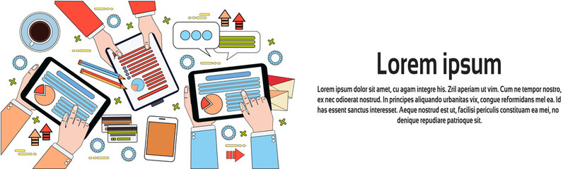 Poster - workplace top view, businesspeople hands using diagrams and documents, digital tablets and laptop ho