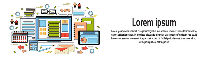 Poster - workplace desk concept, business work desktop with computer, diagrams and documents on digital table