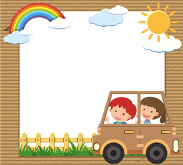 Wall Mural - Border template with kids driving car