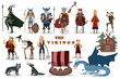 The Vikings. Viking cartoon characters. Valkyrie, berserker, warrior, old man, god Odin, god Thor, drakkar, wooden sail boat,  wooden house, wolves, dragon, girl, boy.Vector illustration. Flat style.