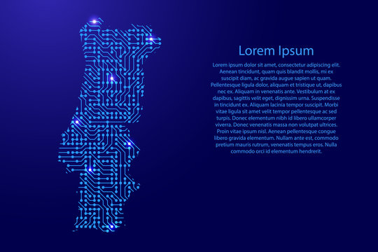 Map Portugal from printed board, chip and radio component with blue star space on the contour for banner, poster, greeting card, of vector illustration.