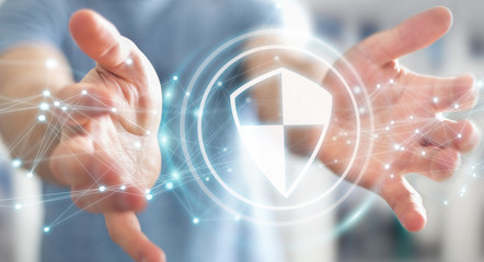Poster - Businessman using shield safe protection with connections 3D rendering