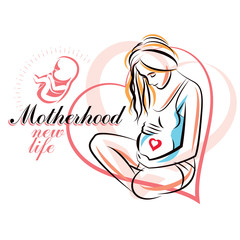 Pregnant woman elegant body silhouette, sketchy vector illustration. Pregnancy assistance center promotion mock up