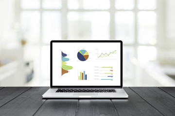 Poster - Laptop on wooden table showing charts and graph
