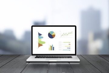 Poster - Laptop on wooden table showing charts and graph