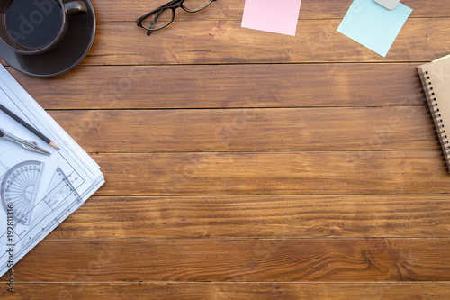 Flat Lay Of Top View Desk Work Table Architect With Drawing Home