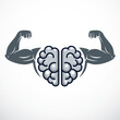 Power Brain emblem, genius concept. Vector design of human anatomical brain with strong bicep hands of bodybuilder. Brain training, grow IQ, mental health.