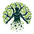 Vector graphic illustration of muscular human created with wireframe mesh connections and ecology tree leaves. Green thinking technology innovations, ecology protection concept.