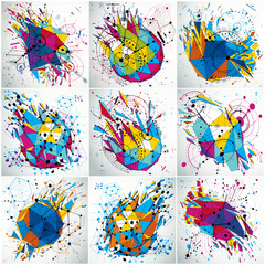 Poster - Collection of technical drawings made using lines mesh and circles. Perspective vector wallpapers created in low poly modern style, 3d engine design. Layout for business presentations and banners.