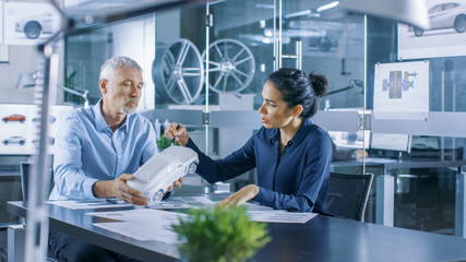 Aufkleber - Experienced Automotive Designer and Female Engineer Works with a Concept Car Model Prototype, Perfecting it and Making Design Corrections. They Work in a Stylish, Bright, Modern Office.
