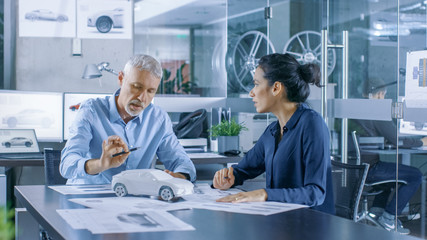Aufkleber - Experienced Automotive Designer and Female Engineer Works with a Concept Car Prototype Model, Perfecting it and Making Design Corrections. They Work in a Stylish, Bright, Modern Office.