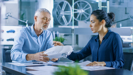 Aufkleber - Experienced Automotive Designer and Female Engineer Works with a Concept Car Prototype Model, Perfecting it and Making Design Corrections. They Work in a Stylish, Bright, Modern Office.