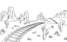Prairie Railroad Graphic Black White American Desert Sketch Landscape Illustration Vector