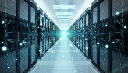 Fototapete - Earth network flying over server room data center 3D rendering