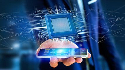 Poster - Businessman using a smartphone with a Processor chip and network connection - 3d render